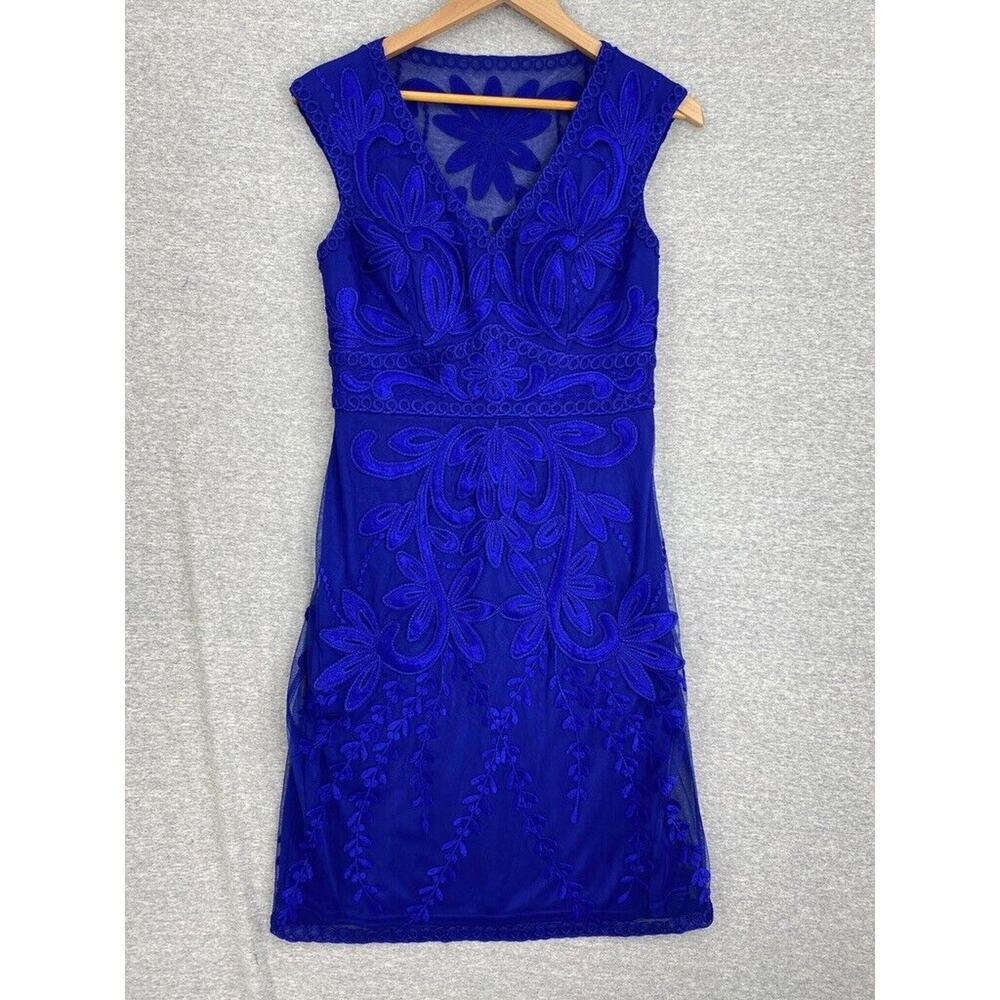 Sue Wong Dress Womens 6 Blue Embroidered Sheer Lace Lined Sleeveless Fitted Gown